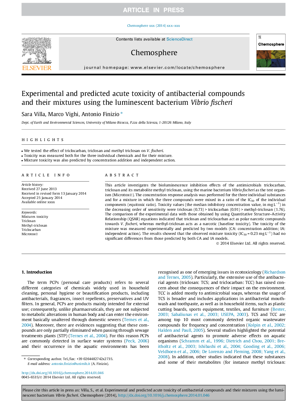 Experimental and predicted acute toxicity of antibacterial compounds and their mixtures using the luminescent bacterium Vibrio fischeri