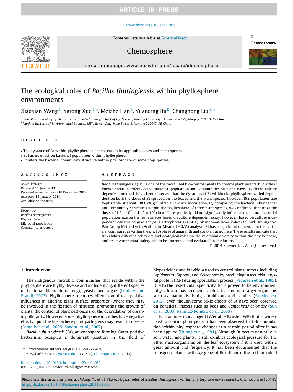 The ecological roles of Bacillus thuringiensis within phyllosphere environments