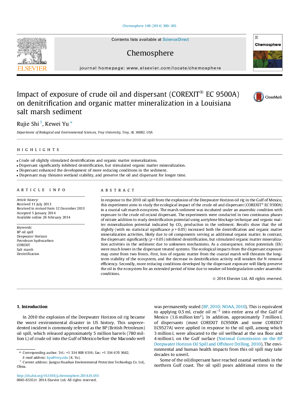 Impact of exposure of crude oil and dispersant (COREXIT® EC 9500A) on denitrification and organic matter mineralization in a Louisiana salt marsh sediment