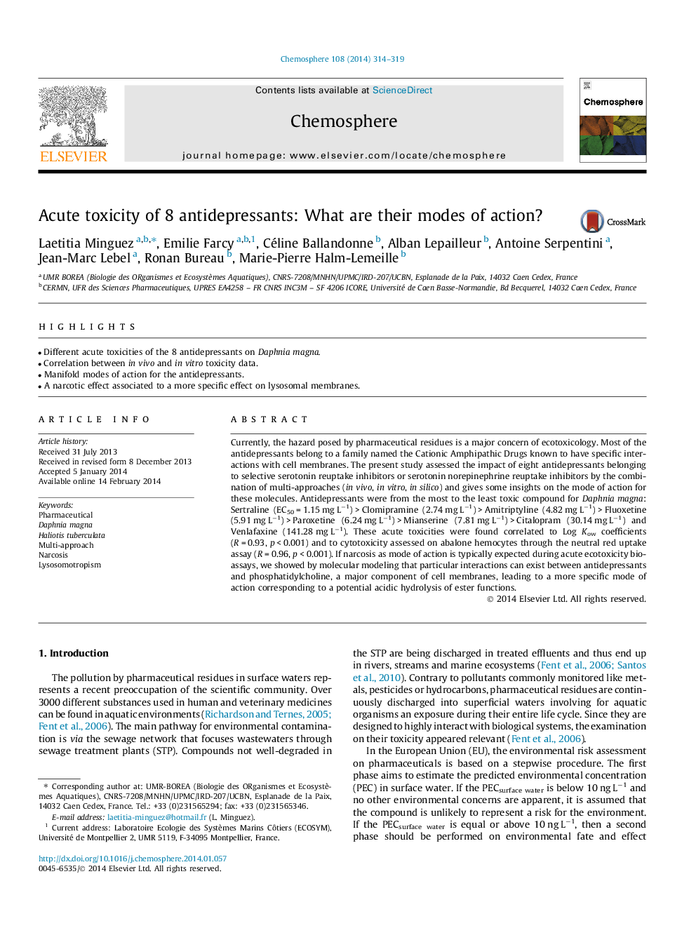 Acute toxicity of 8 antidepressants: What are their modes of action?