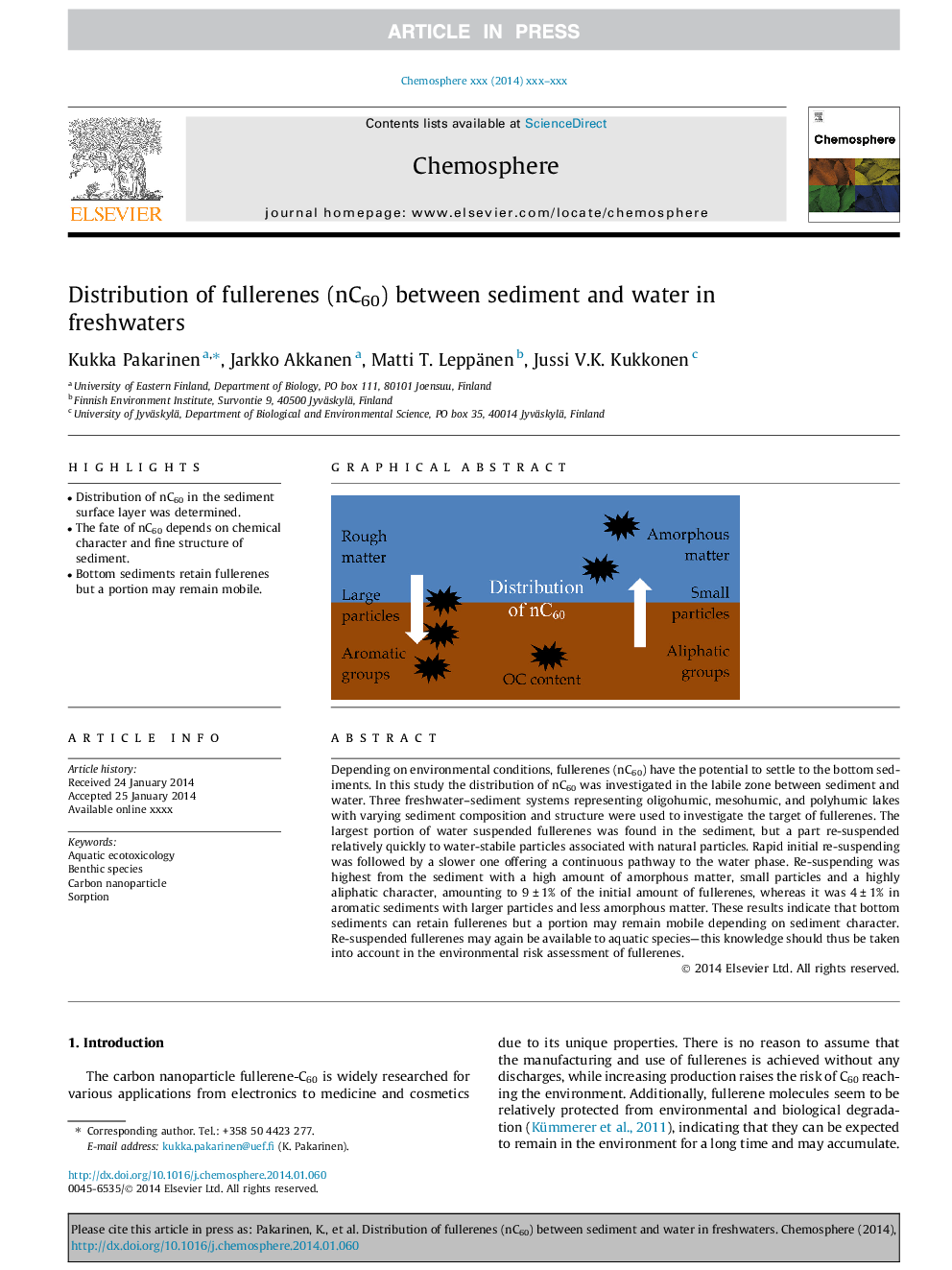 Distribution of fullerenes (nC60) between sediment and water in freshwaters