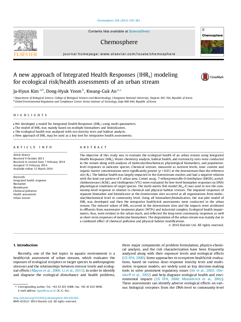 A new approach of Integrated Health Responses (IHRs) modeling for ecological risk/health assessments of an urban stream