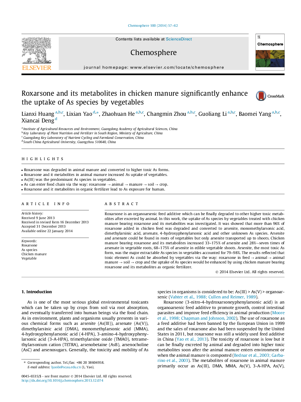 Roxarsone and its metabolites in chicken manure significantly enhance the uptake of As species by vegetables