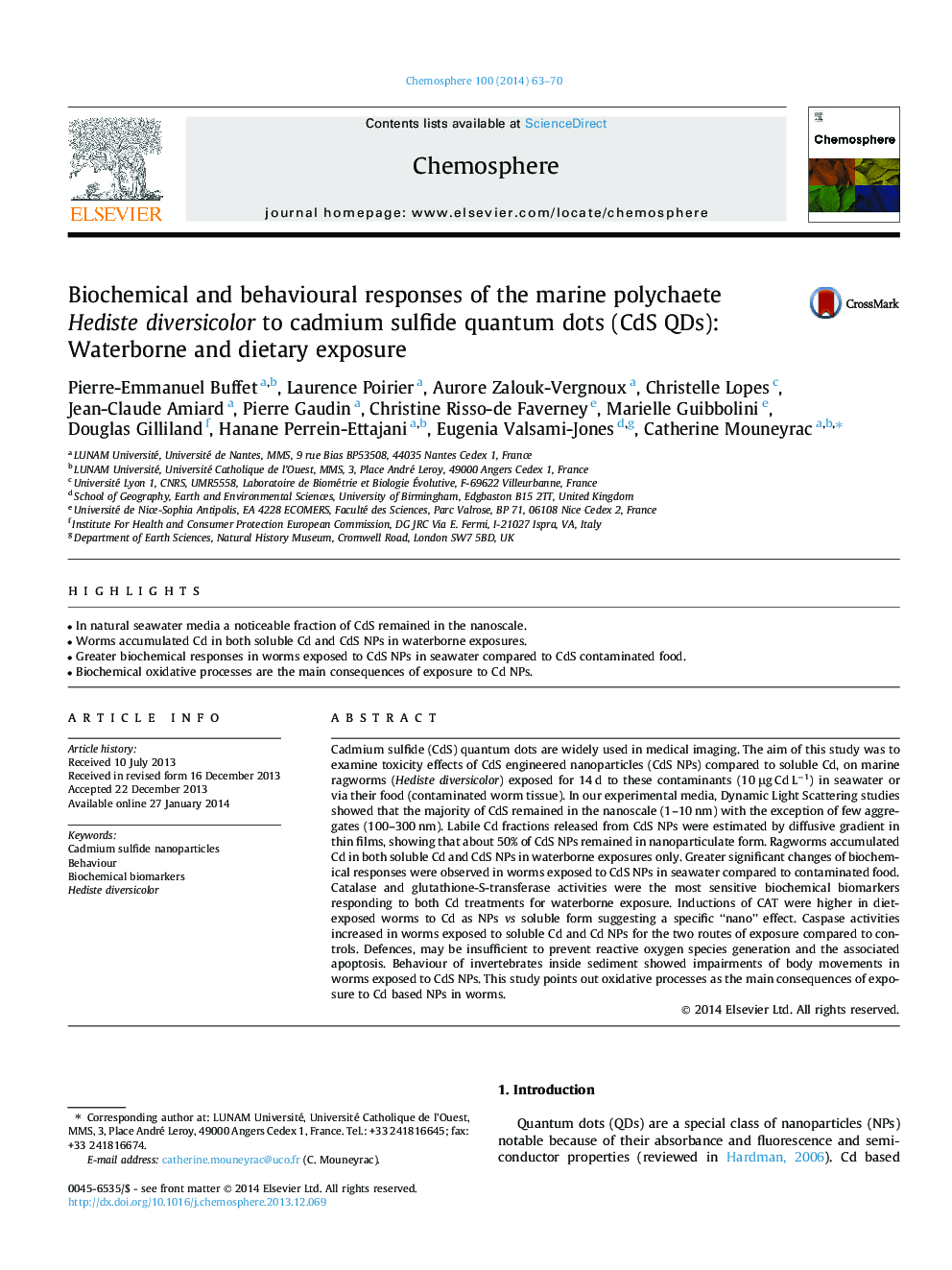 Biochemical and behavioural responses of the marine polychaete Hediste diversicolor to cadmium sulfide quantum dots (CdS QDs): Waterborne and dietary exposure