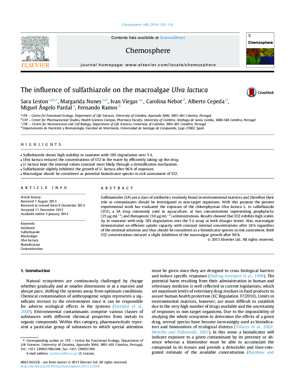 The influence of sulfathiazole on the macroalgae Ulva lactuca