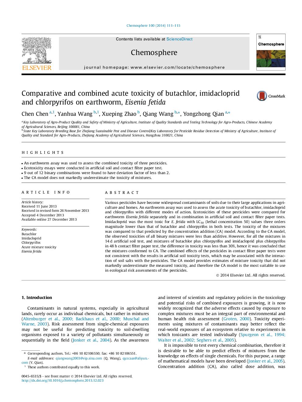 Comparative and combined acute toxicity of butachlor, imidacloprid and chlorpyrifos on earthworm, Eisenia fetida