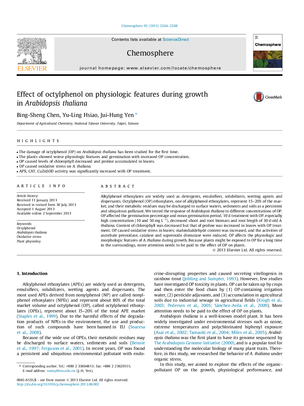 Effect of octylphenol on physiologic features during growth in Arabidopsis thaliana