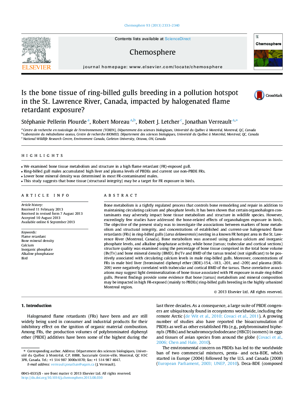 Is the bone tissue of ring-billed gulls breeding in a pollution hotspot in the St. Lawrence River, Canada, impacted by halogenated flame retardant exposure?