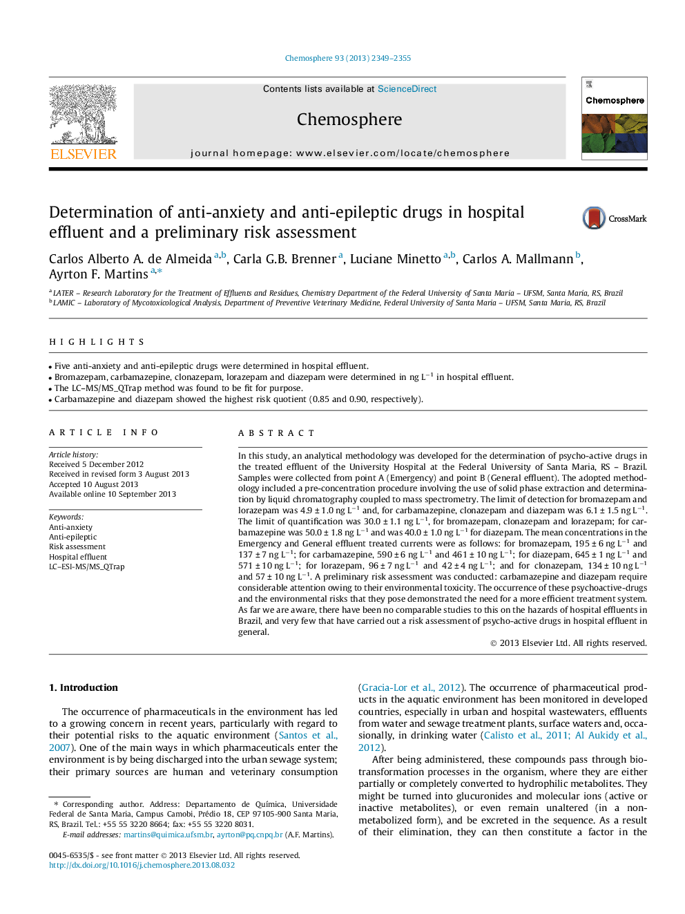 Determination of anti-anxiety and anti-epileptic drugs in hospital effluent and a preliminary risk assessment