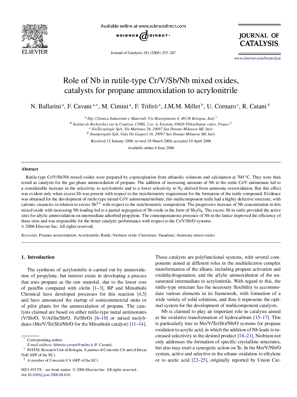 Role of Nb in rutile-type Cr/V/Sb/Nb mixed oxides, catalysts for propane ammoxidation to acrylonitrile