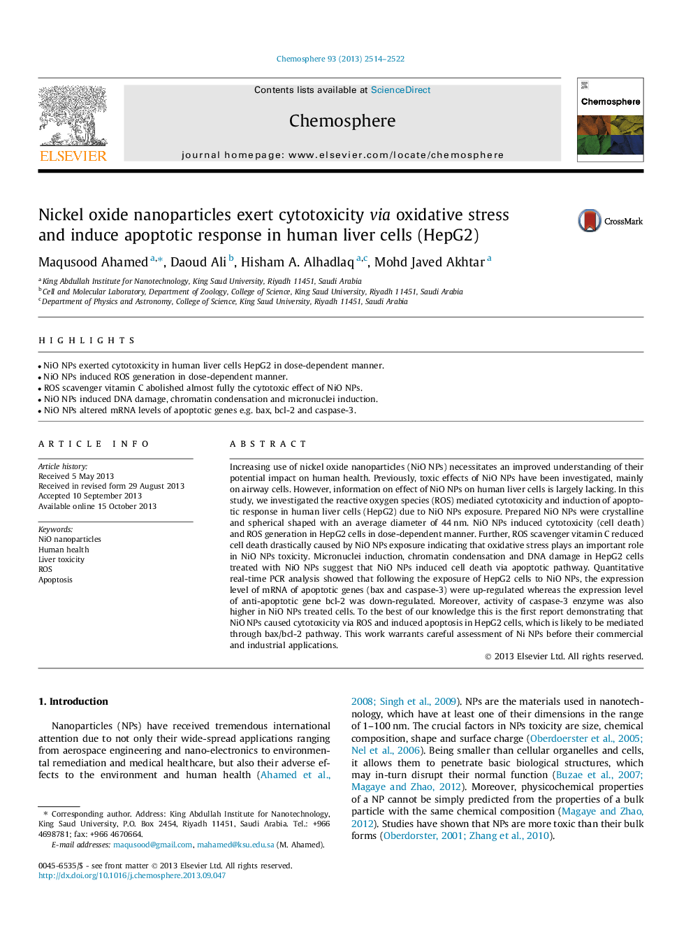 Nickel oxide nanoparticles exert cytotoxicity via oxidative stress and induce apoptotic response in human liver cells (HepG2)