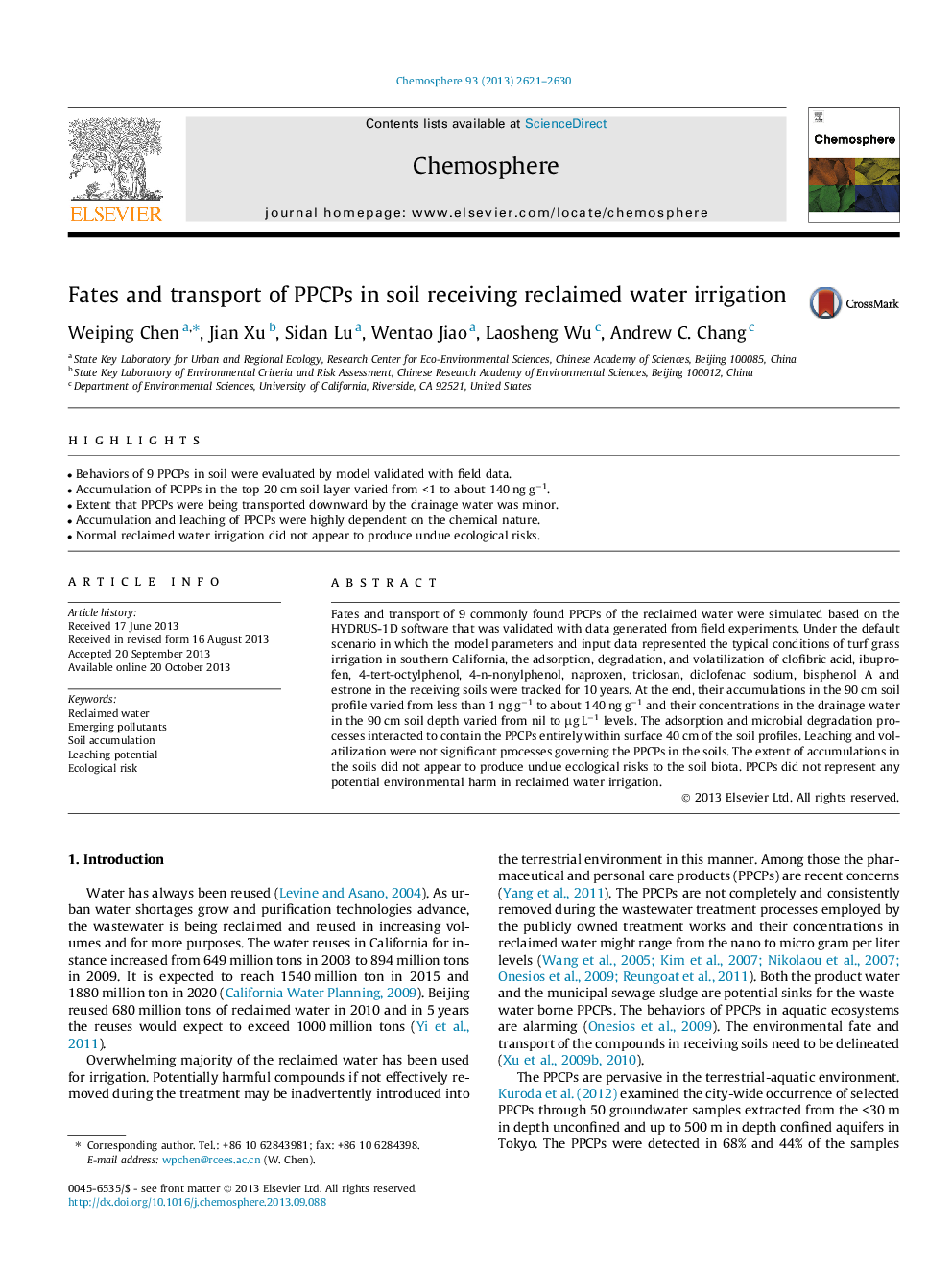 Fates and transport of PPCPs in soil receiving reclaimed water irrigation