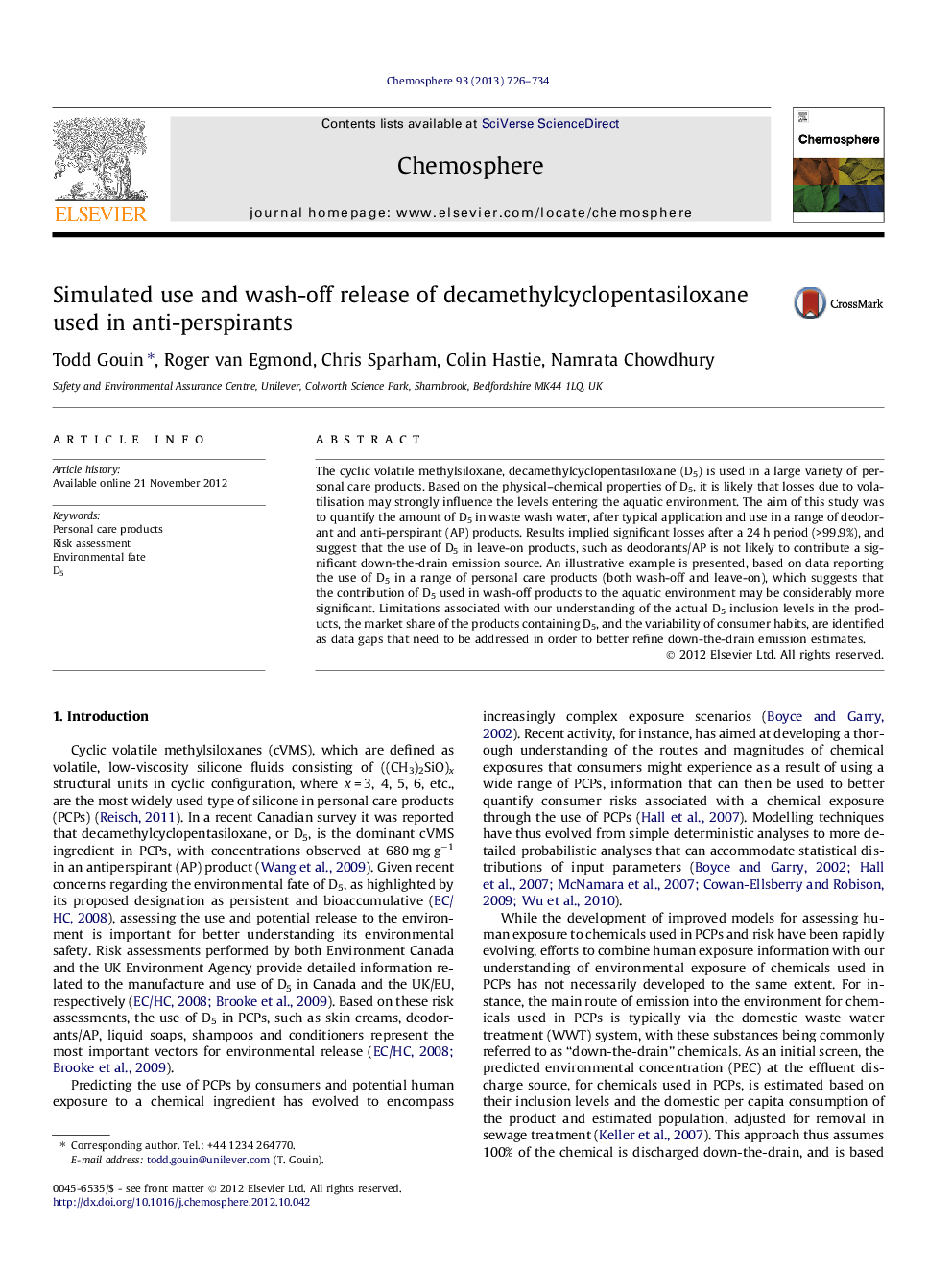 Simulated use and wash-off release of decamethylcyclopentasiloxane used in anti-perspirants