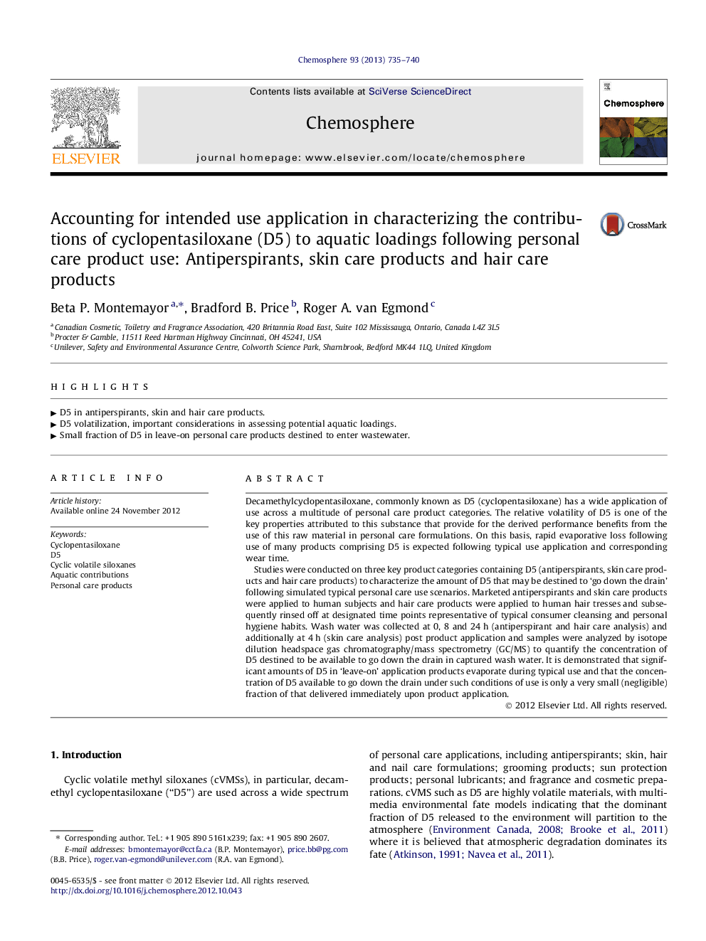 عکس صفحه اول مقاله: Accounting for intended use application in characterizing the contributions of cyclopentasiloxane (D5) to aquatic loadings following personal care product use: Antiperspirants, skin care products and hair care products Accounting for intended use application in characterizing the contributions of cyclopentasiloxane (D5) to aquatic loadings following personal care product use: Antiperspirants, skin care products and hair care products