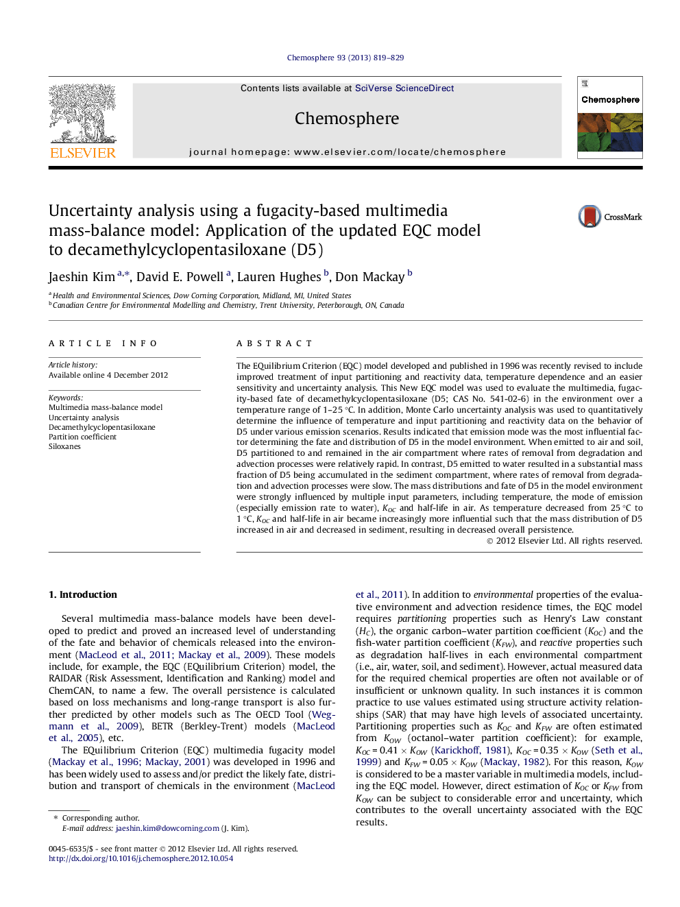 Uncertainty analysis using a fugacity-based multimedia mass-balance model: Application of the updated EQC model to decamethylcyclopentasiloxane (D5)