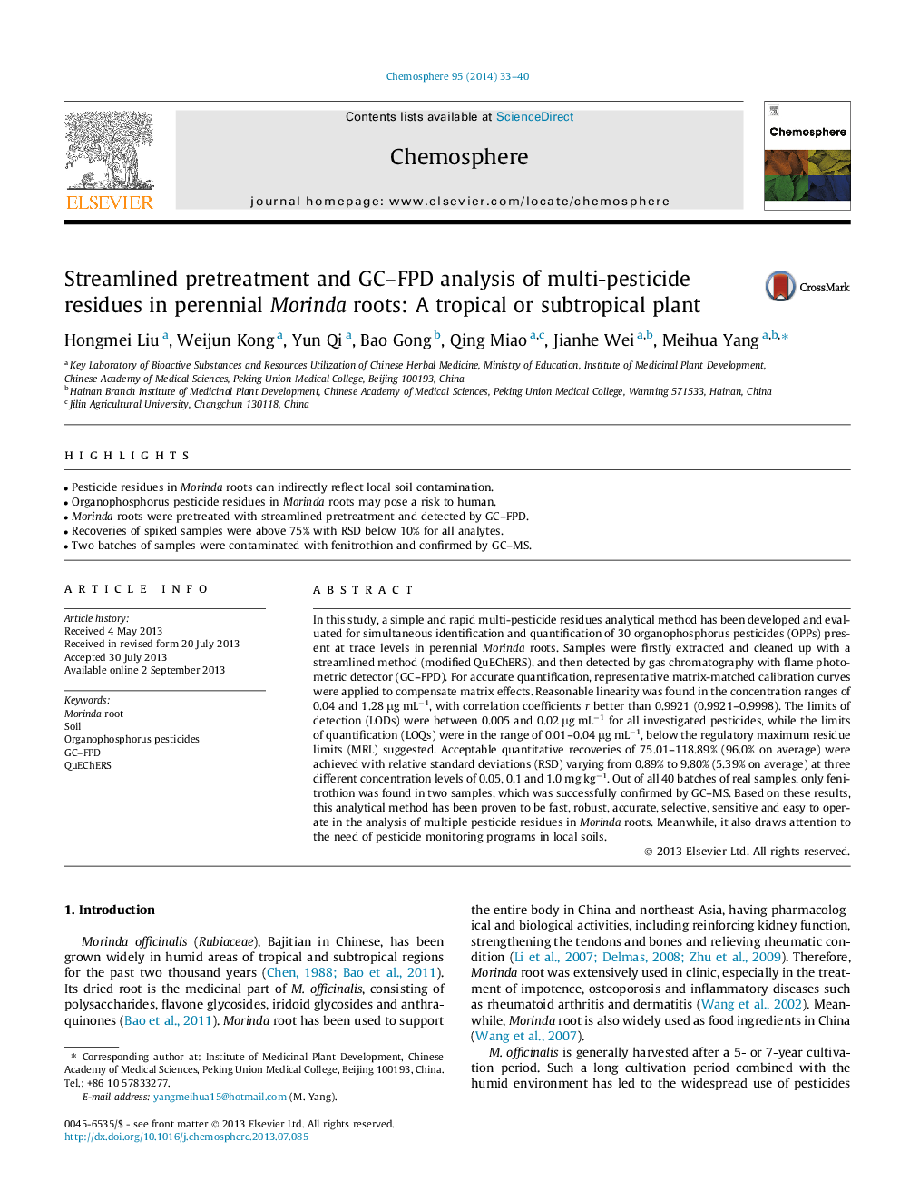 Streamlined pretreatment and GC-FPD analysis of multi-pesticide residues in perennial Morinda roots: A tropical or subtropical plant