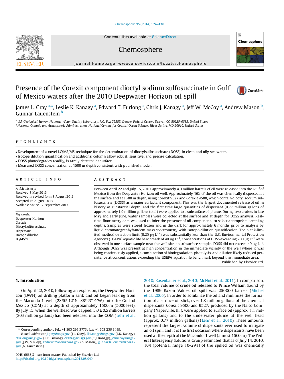 Presence of the Corexit component dioctyl sodium sulfosuccinate in Gulf of Mexico waters after the 2010 Deepwater Horizon oil spill