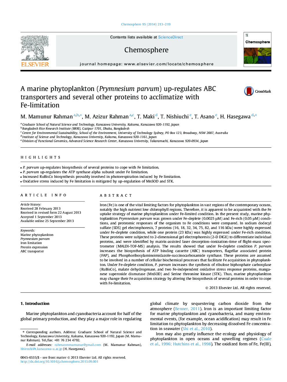 A marine phytoplankton (Prymnesium parvum) up-regulates ABC transporters and several other proteins to acclimatize with Fe-limitation