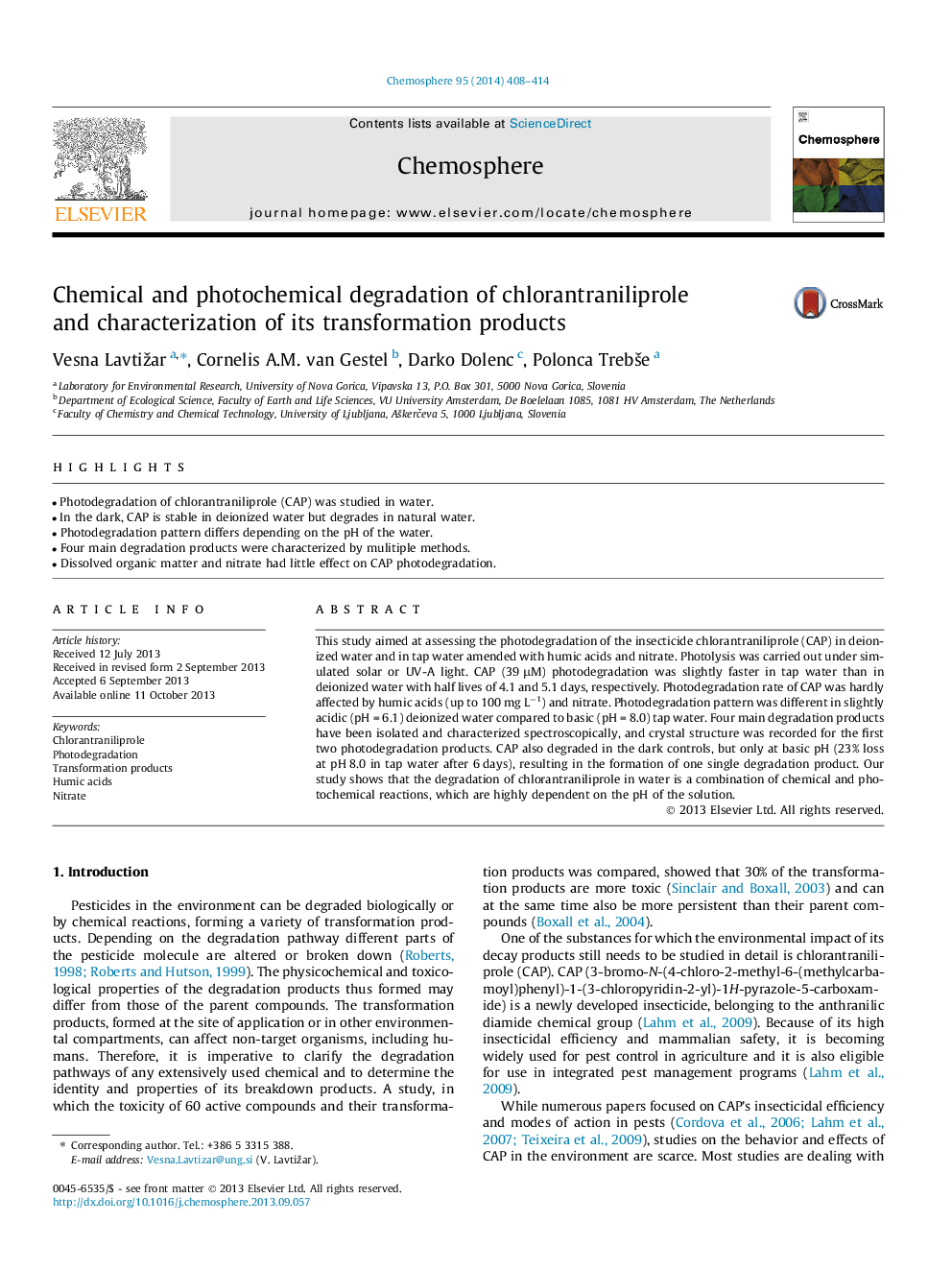 Chemical and photochemical degradation of chlorantraniliprole and characterization of its transformation products