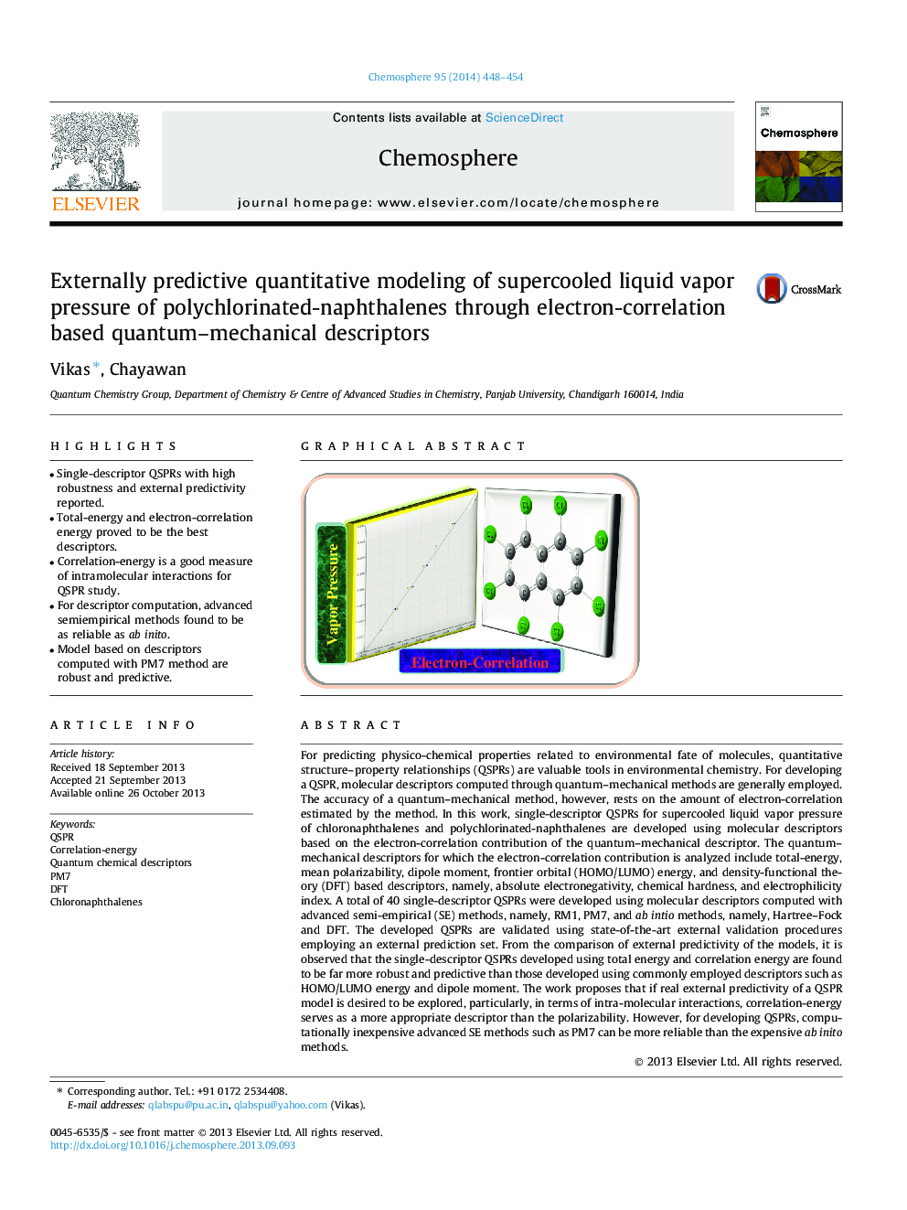 Externally predictive quantitative modeling of supercooled liquid vapor pressure of polychlorinated-naphthalenes through electron-correlation based quantum-mechanical descriptors