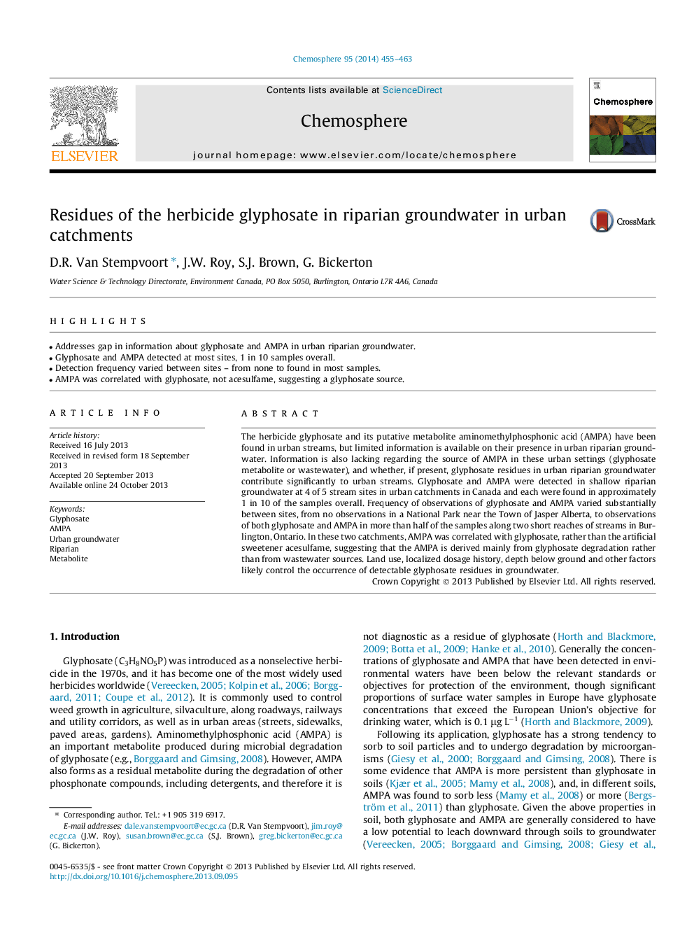 Residues of the herbicide glyphosate in riparian groundwater in urban catchments