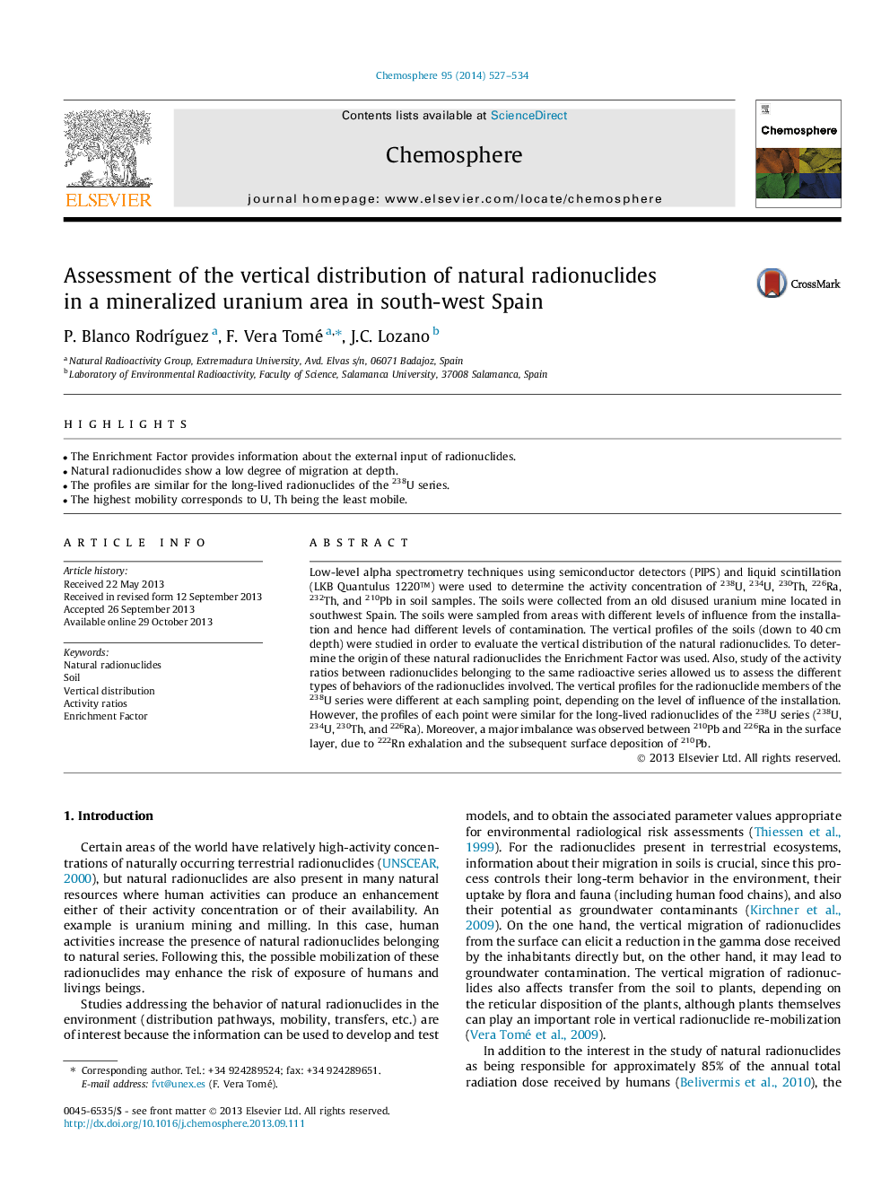 Assessment of the vertical distribution of natural radionuclides in a mineralized uranium area in south-west Spain