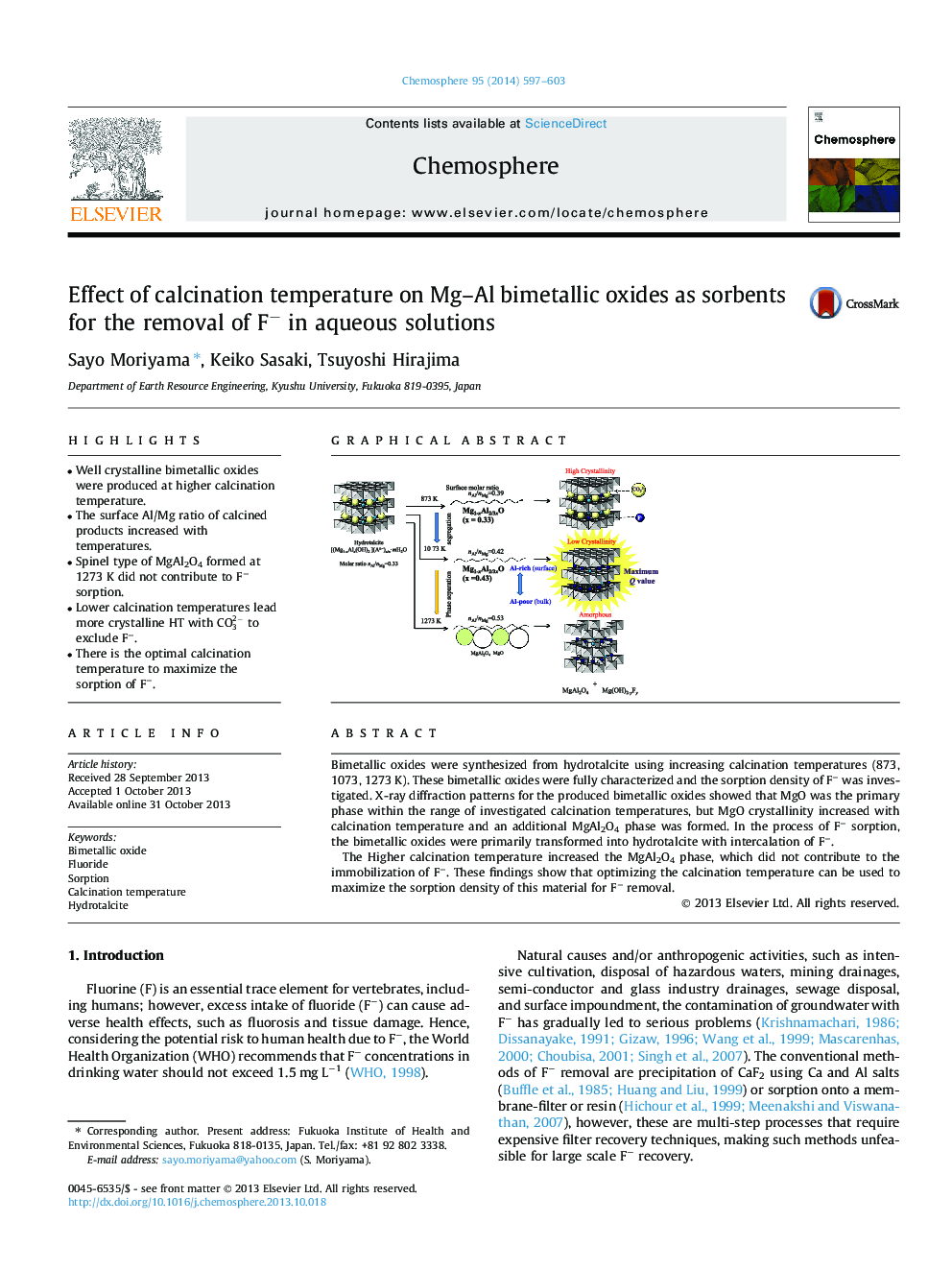 Effect of calcination temperature on Mg-Al bimetallic oxides as sorbents for the removal of Fâ in aqueous solutions