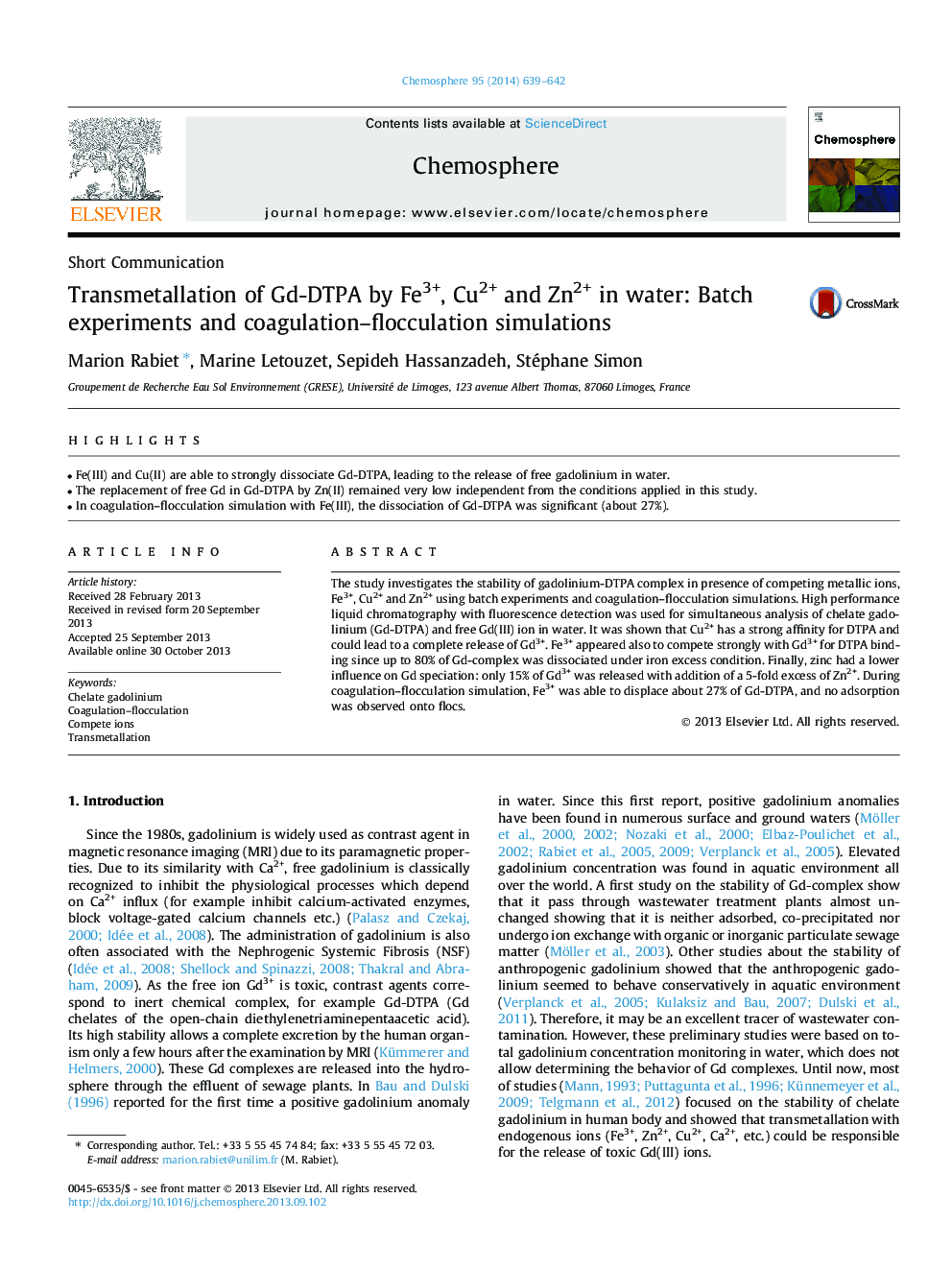 Transmetallation of Gd-DTPA by Fe3+, Cu2+ and Zn2+ in water: Batch experiments and coagulation-flocculation simulations