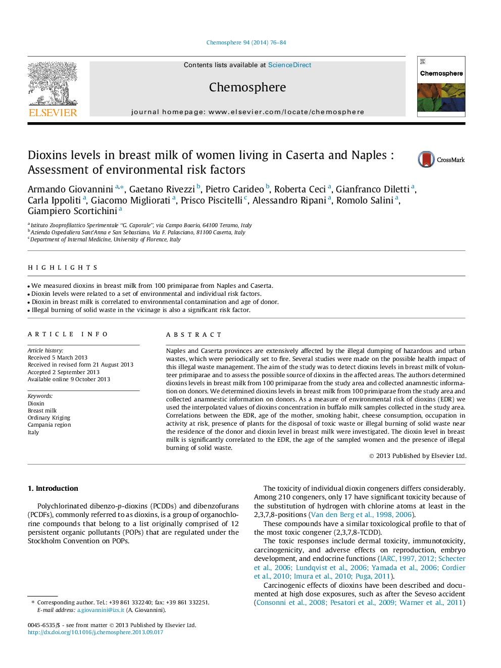 Dioxins levels in breast milk of women living in Caserta and Naples : Assessment of environmental risk factors