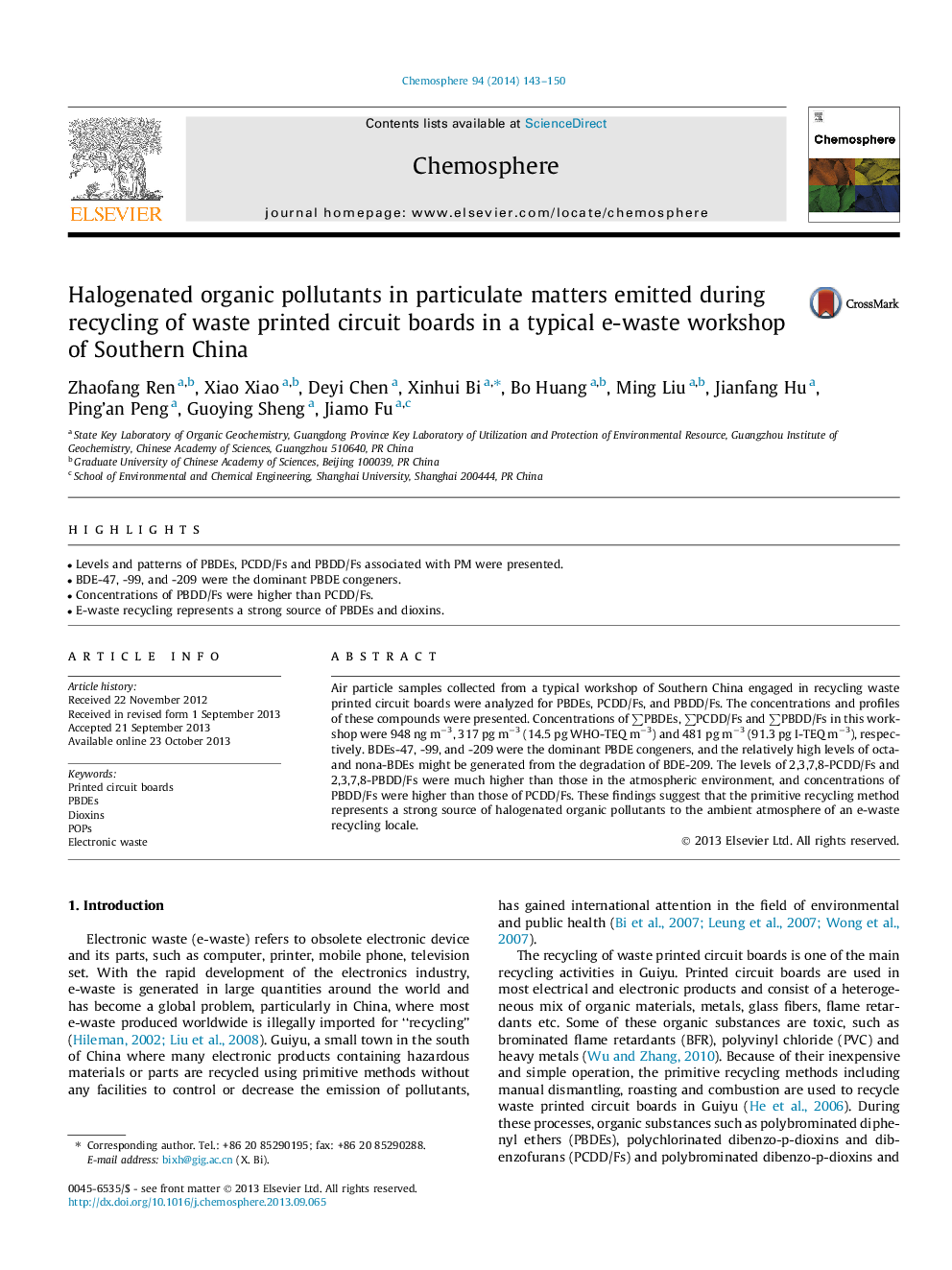 Halogenated organic pollutants in particulate matters emitted during recycling of waste printed circuit boards in a typical e-waste workshop of Southern China