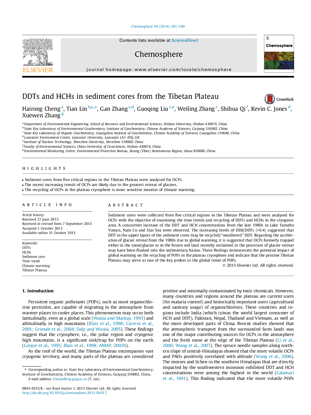 DDTs and HCHs in sediment cores from the Tibetan Plateau