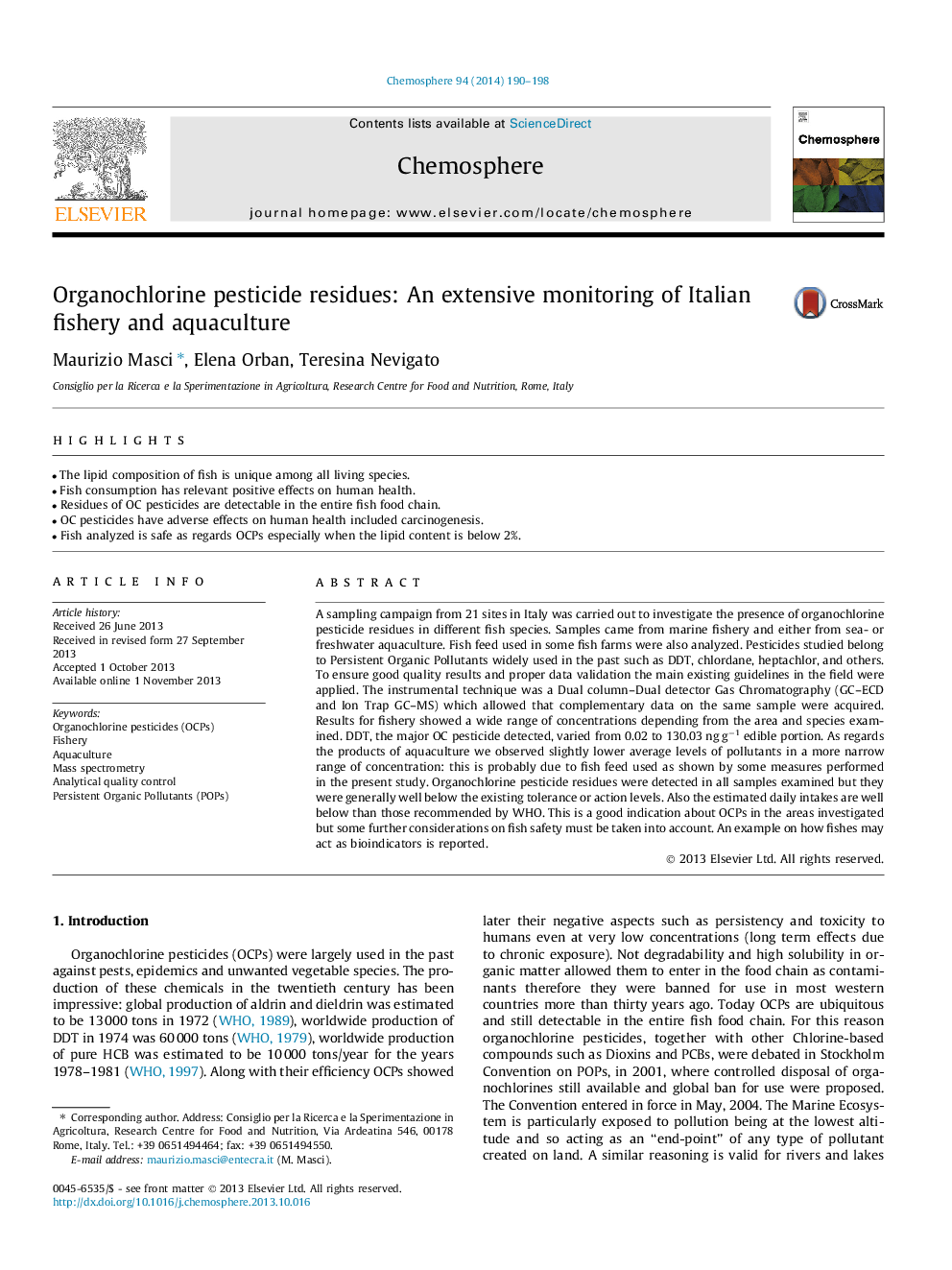 Organochlorine pesticide residues: An extensive monitoring of Italian fishery and aquaculture