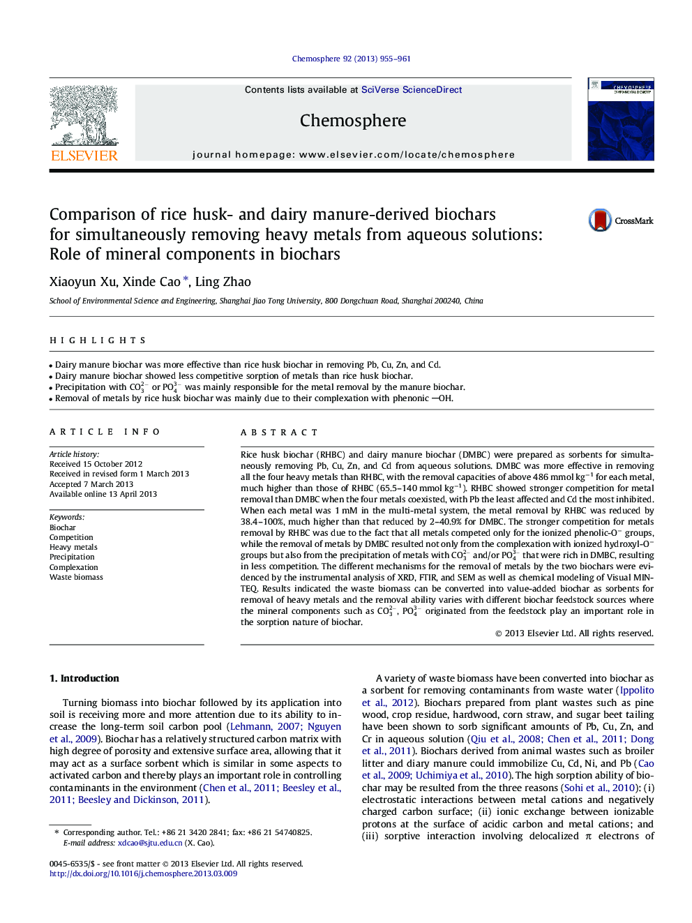 Comparison of rice husk- and dairy manure-derived biochars for simultaneously removing heavy metals from aqueous solutions: Role of mineral components in biochars