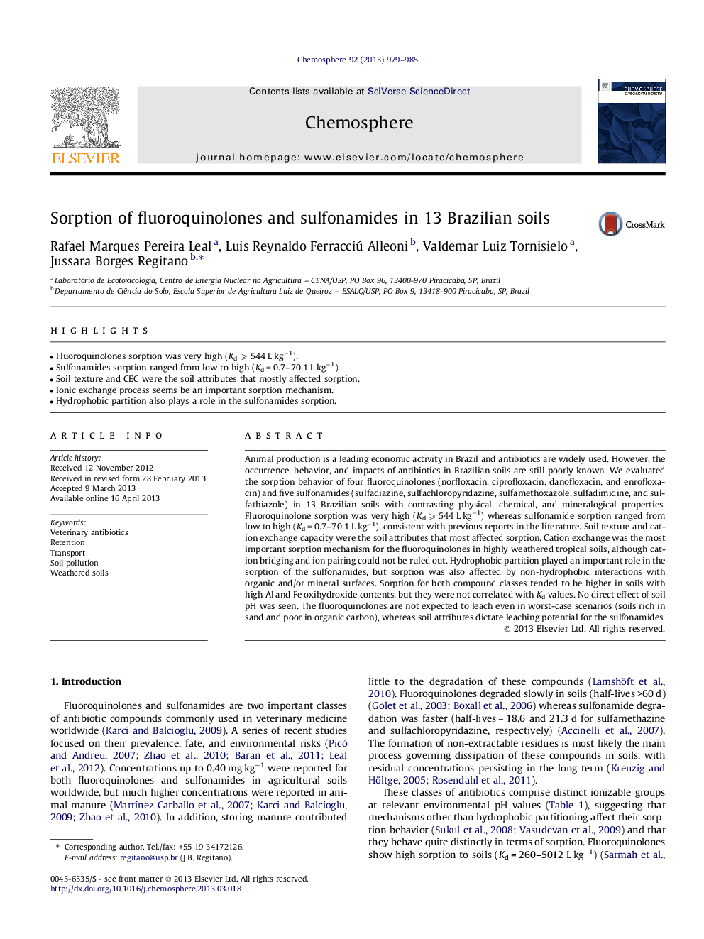 Sorption of fluoroquinolones and sulfonamides in 13 Brazilian soils