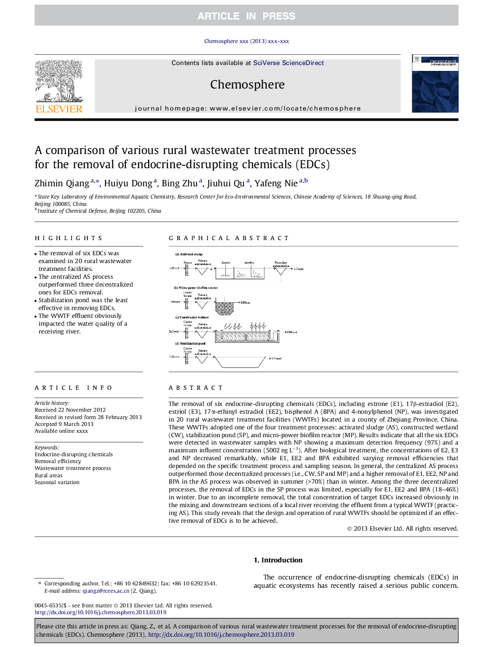 A comparison of various rural wastewater treatment processes for the removal of endocrine-disrupting chemicals (EDCs)