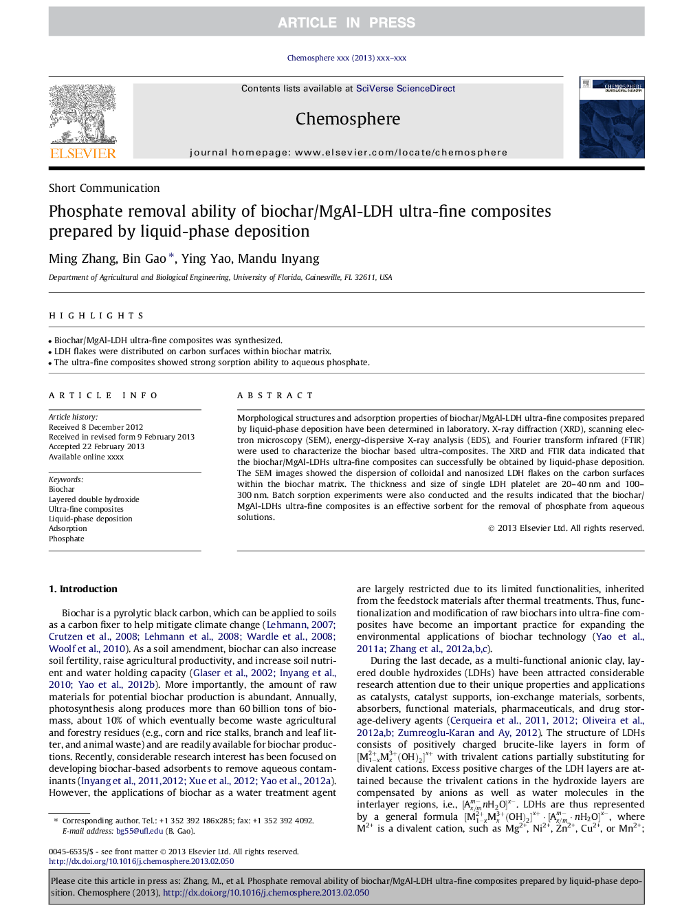 Phosphate removal ability of biochar/MgAl-LDH ultra-fine composites prepared by liquid-phase deposition