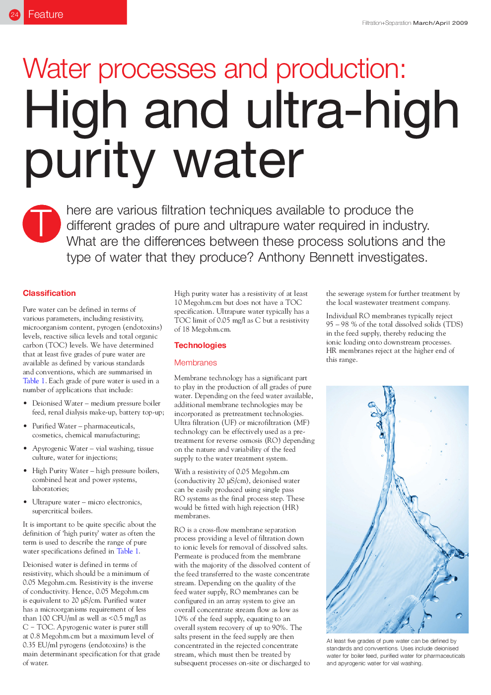 Water processes and production: High and ultra-high purity water