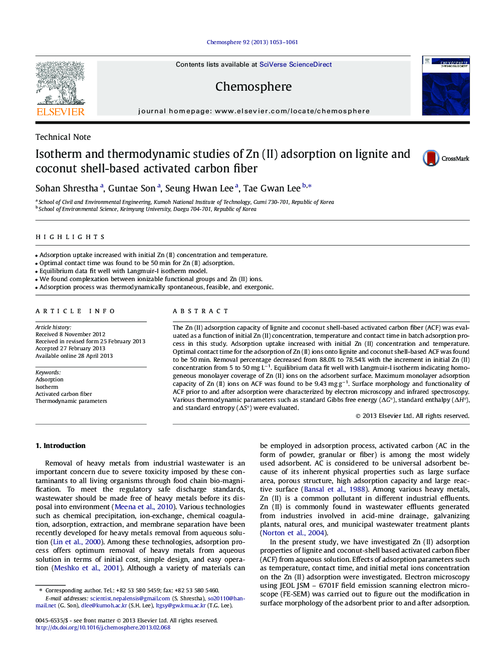 Isotherm and thermodynamic studies of Zn (II) adsorption on lignite and coconut shell-based activated carbon fiber
