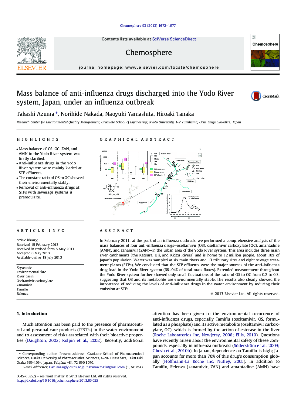 Mass balance of anti-influenza drugs discharged into the Yodo River system, Japan, under an influenza outbreak