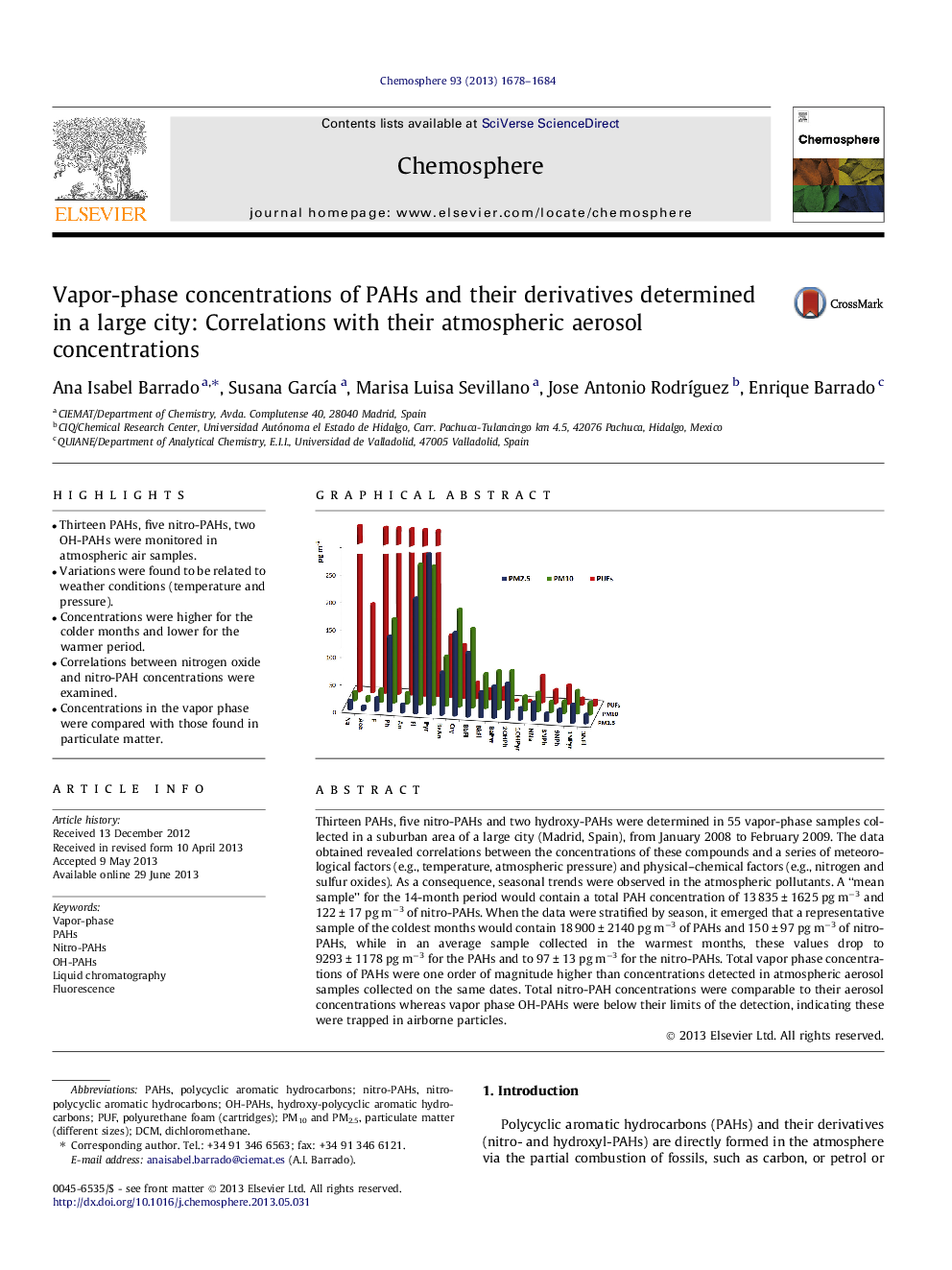 Vapor-phase concentrations of PAHs and their derivatives determined in a large city: Correlations with their atmospheric aerosol concentrations