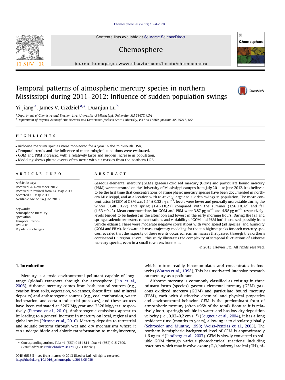 الگوهای زمانی جیوه جو جوی در شمال می سی پی طی سال های 2011-2012: تاثیر نوسانات ناگهانی جمعیت 