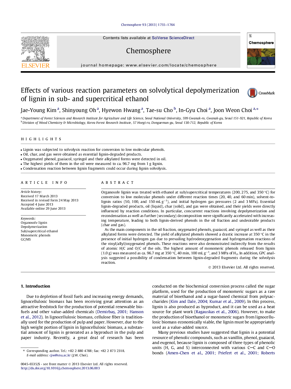 اثرات پارامترهای واکنش های مختلف بر روی دیپولیمریزاسیون حلالیتی لیگنین در اتانول زیر و فوق بحرانی 