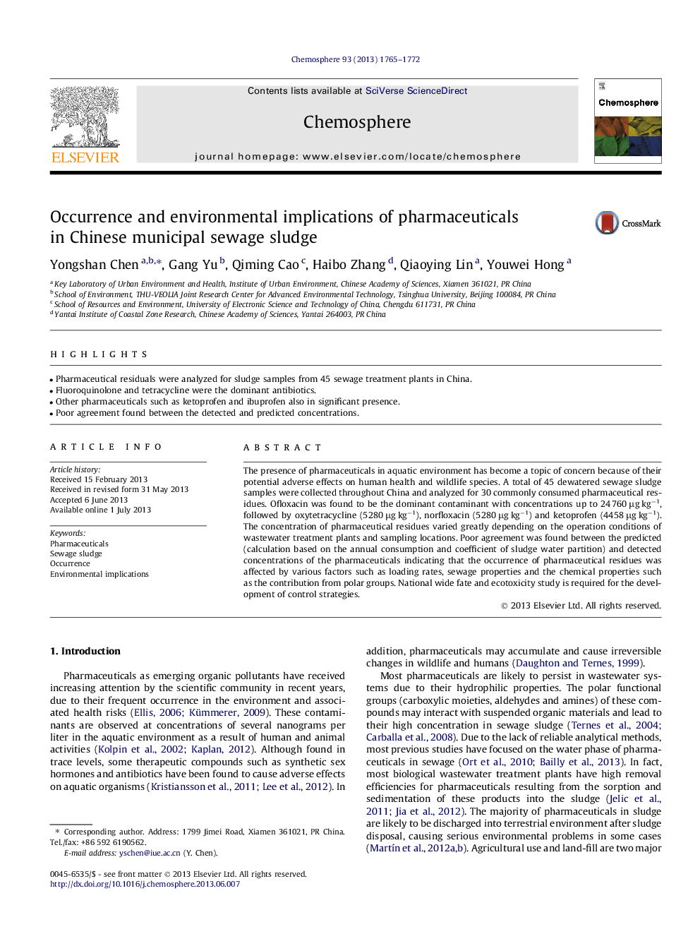 Occurrence and environmental implications of pharmaceuticals in Chinese municipal sewage sludge