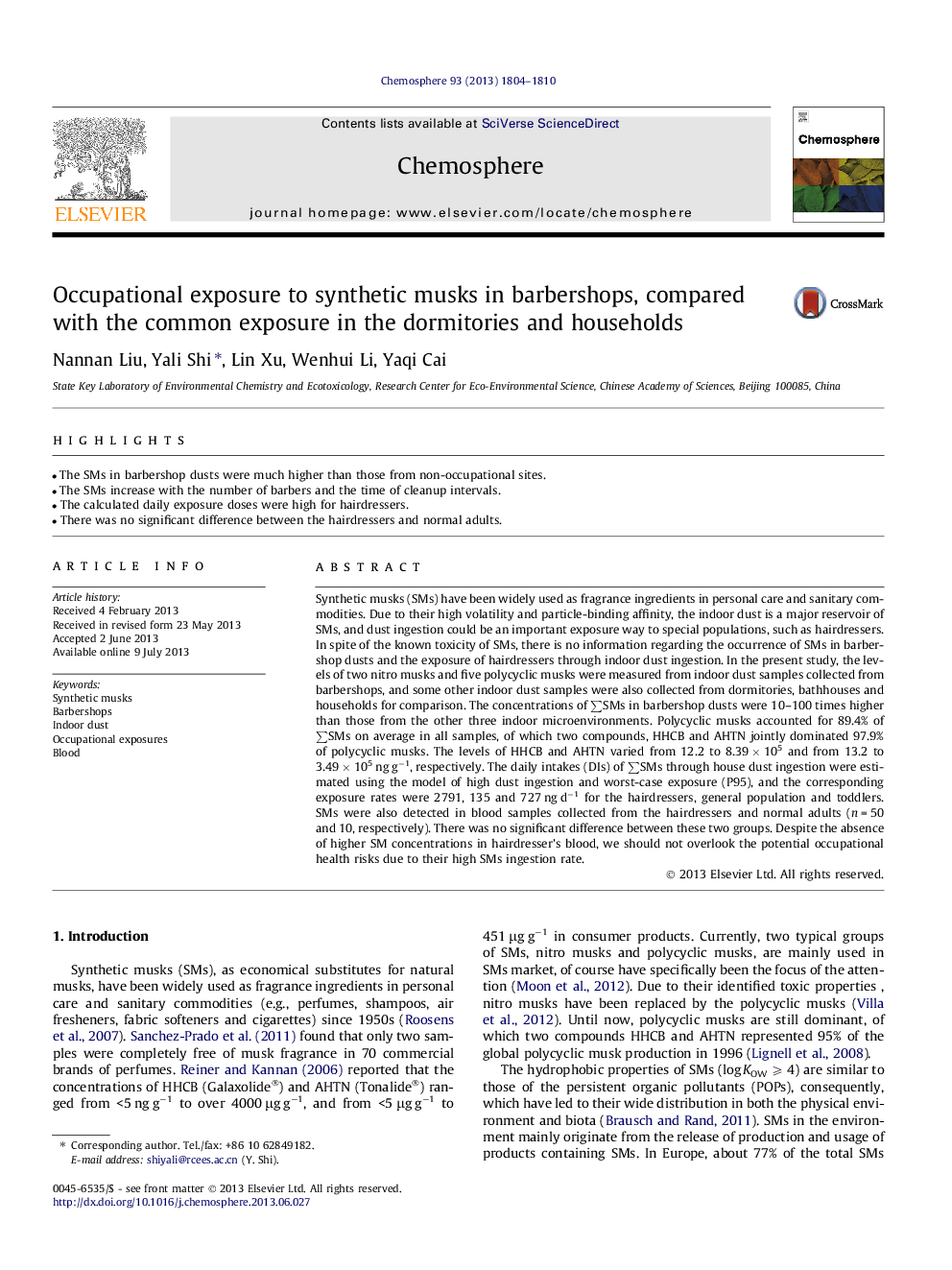 Occupational exposure to synthetic musks in barbershops, compared with the common exposure in the dormitories and households