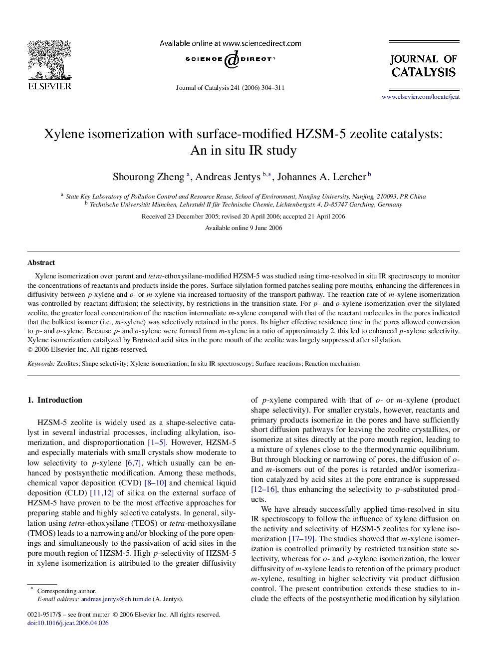 Xylene isomerization with surface-modified HZSM-5 zeolite catalysts: An in situ IR study