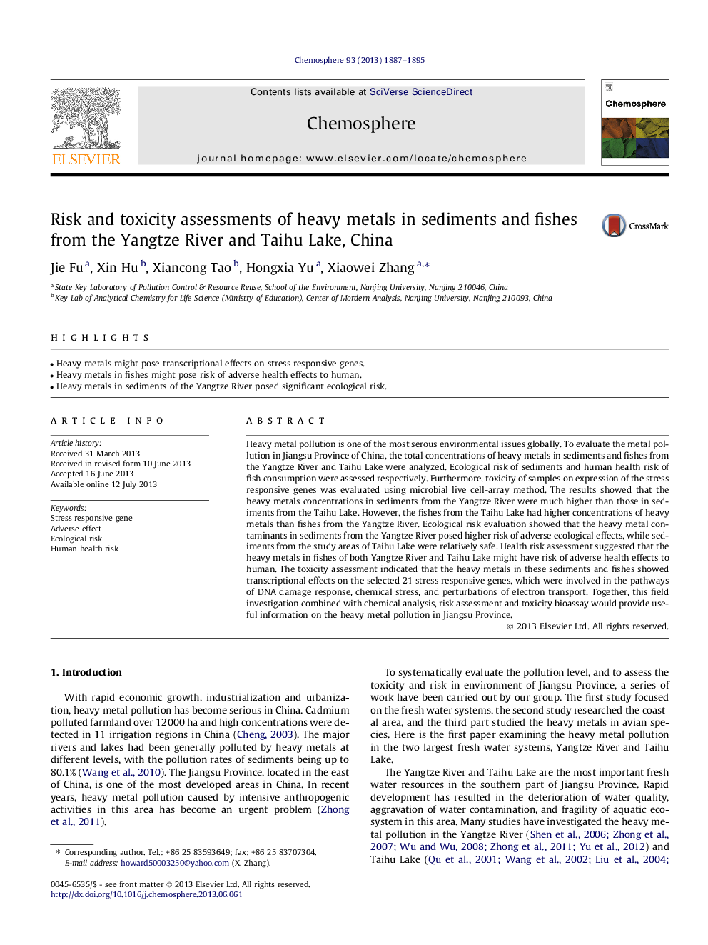 Risk and toxicity assessments of heavy metals in sediments and fishes from the Yangtze River and Taihu Lake, China