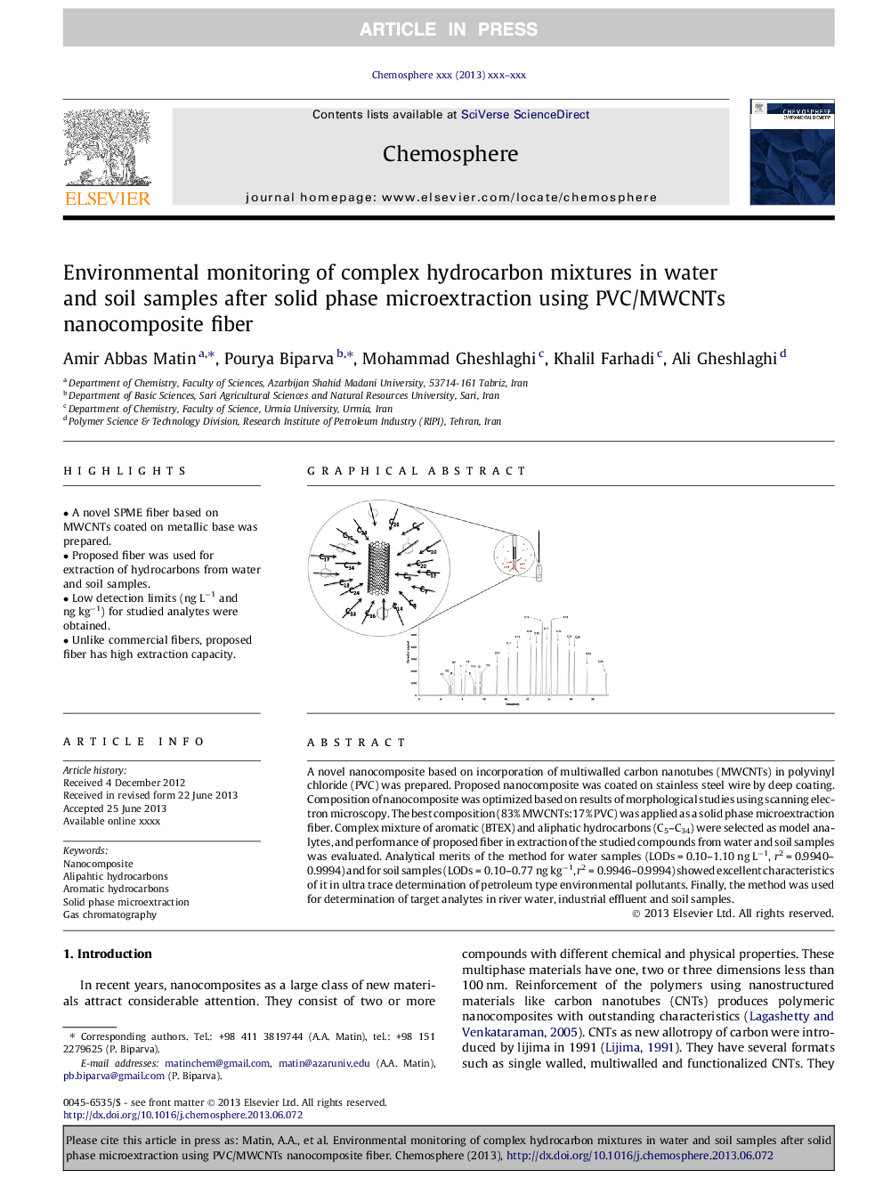 Environmental monitoring of complex hydrocarbon mixtures in water and soil samples after solid phase microextraction using PVC/MWCNTs nanocomposite fiber