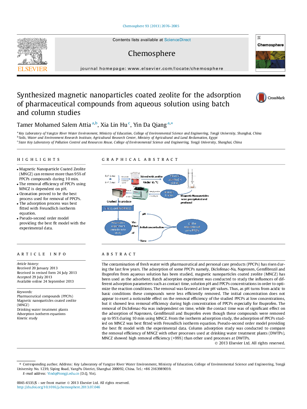 Synthesized magnetic nanoparticles coated zeolite for the adsorption of pharmaceutical compounds from aqueous solution using batch and column studies