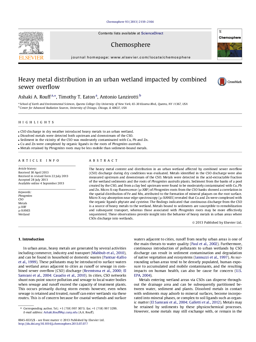 Heavy metal distribution in an urban wetland impacted by combined sewer overflow