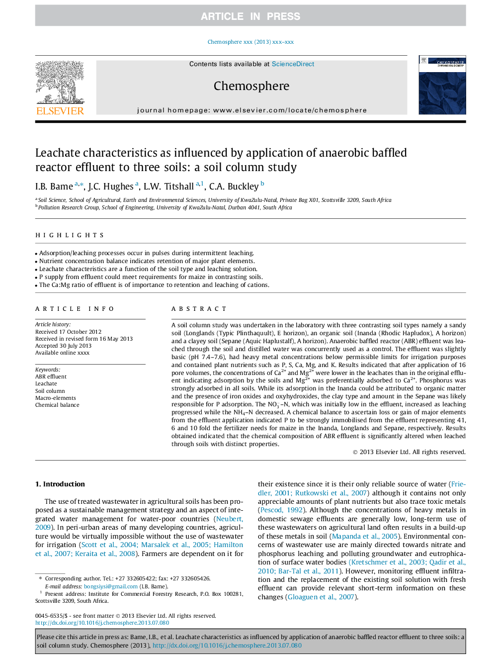 Leachate characteristics as influenced by application of anaerobic baffled reactor effluent to three soils: a soil column study